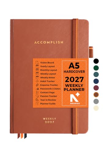 NEORAH — A5 Dated WEEKLY Planner 2027 ACCOMPLISH—264 Pages of Yearly |12 Month | 52 Week+24 Hours + Notes pages for each week— Office Diary Academic diary-Hardcover [Pen Loop Attachable] (UMBER)