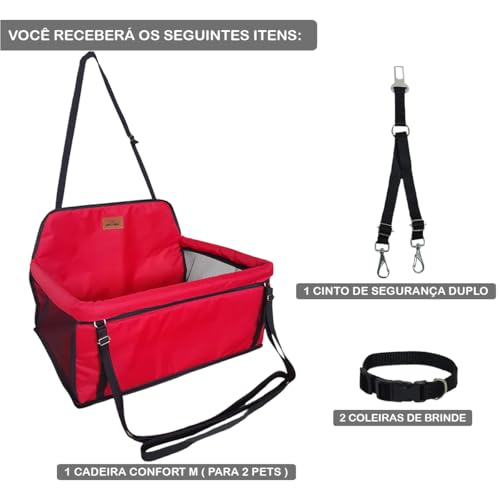 Cadeira Assento Dupla M Vermelho Para 2 Pet Cães Gatos Juntos Carro Seguro Até 30kg