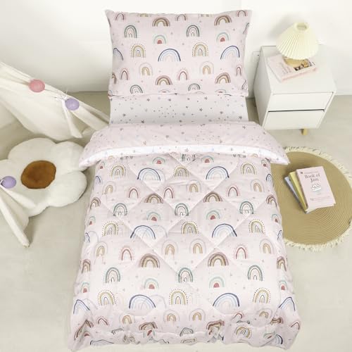 Image of Toddler Bedding Set for Girls, 4 Piece Toddler Girl Bedding Set, Super Soft & Lightweight Pink Toddler Comforter Set Includes Comforter, Flat Sheet, Fitted Sheet, Pillowcase (Rainbow)