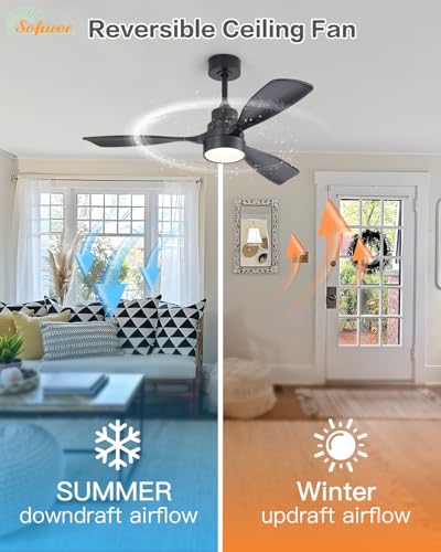 Image of Sofucor 48 Inch Wood Ceiling Fans with Lights, Flush /Downrod Mount, Black