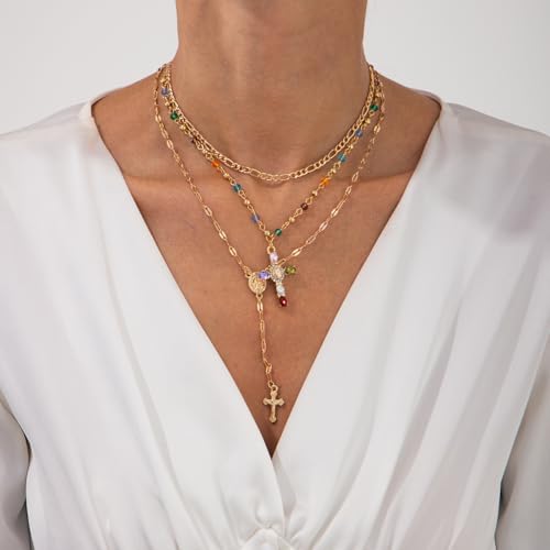 Cross Necklace for Women Gold Long Chain Layered Cross Crystal Pendant Statement Necklace Summer Beach Boho Jewelry3