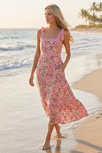 Image of Opemiby Womens Maxi Dress Spring Summer Sleeveless Lace Strap Empire Waist A Line Side Pockets Beach Casual Long Dresses