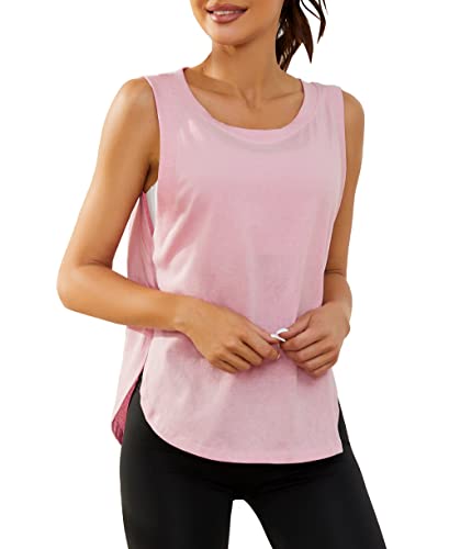 Cotton Workout Tops For Women Sleeveless Loose Tanks Tops Split Yoga Tops Running Shirts Gym Tennis Shirts Sports Clothes Athletic Active Wear Exercise Tops For Women Pink,X-Small #TOP8