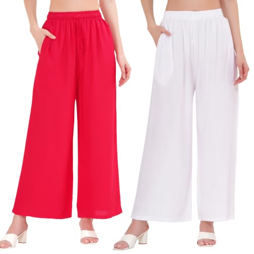 Image of Buy That Trendz Palazzo Pants for Women Cotton Rayon Elasticated Regular Fit Flared Wide Leg M to 6XL Pack of 2