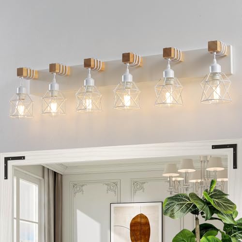 Image of Farmhouse Vanity Light Fixture,6-Light Bathroom Lighting,White Modern Wood Wall Light Over Mirror with Metal Shade,LED Bulbs Not Included