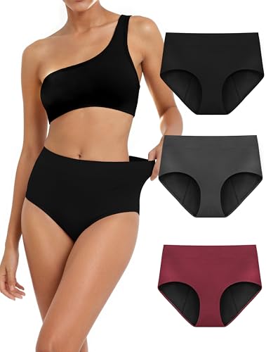 TIICHOO Periodenunterschwäsche Starke Blutung Hohe Taille Inkontinenz Slip Damen 3er Pack (40 Burgund/Schwarz/Grau)