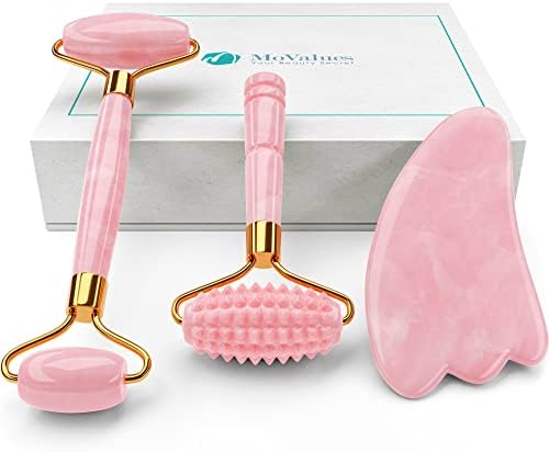 Pink Jade Roller and Gua Sha Set. Rose Quartz Roller with Eye Massager, Rose Quartz Gua Sha, Ridged Face Massage Tool, Real Rose Quartz Crystals 100% Pink Jade Stone Roller, Warm / Ice Roller Face