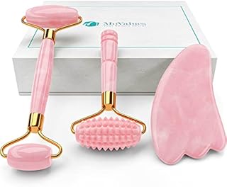 Pink Jade Roller and Gua Sha Set. Rose Quartz Roller with Eye Massager, Rose Quartz Gua Sha, Ridged Face Massage Tool, Real Rose Quartz Crystals 100% Pink Jade Stone Roller, Warm / Ice Roller Face