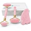 4-in-1 Jade Roller and Gua Sha Set. Rose Quartz Roller with Eye Massager, Jade Gua Sha, Ridged Roller Massager. Jade Roller For Face Real Jade 100% Jade Stone Roller. Warm Facial Massager or Ice Roller