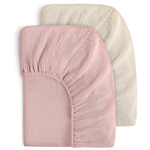 Image of Yoofoss Muslin Fitted Crib Sheets, 30in x 54in Soft Breathable Toddler Crib Mattress, Fits Standard Size Mattress 2 Pack Apricot & Pink