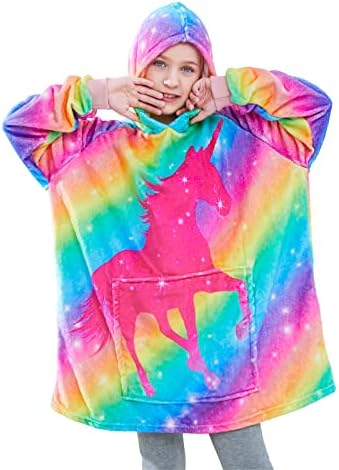 AuSletie Wearable Blanket Hoodie for Kids Oversized Sweatshirt Blanket for Girls Boys, Kids Snuggie with Pockets,Fits 6-12 Years