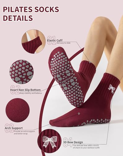 Image of Yawlsow Pilates Grip Socks for Women Yoga Grippy Socks Cute Barre Non Skid Athletic Crew Sticky Sock Workout Hospital