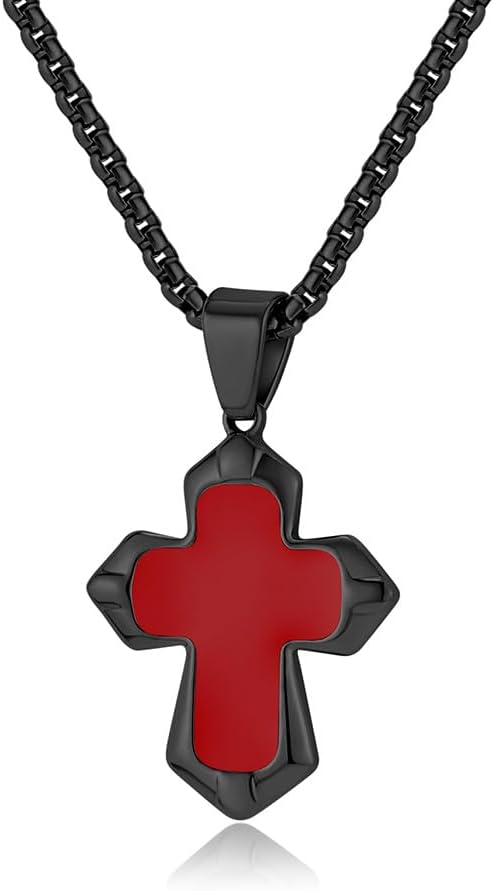 FATACI Cross Necklace for Men,Silver/Black/Gold Plated Stainless Steel Hip Hop Enamel Cross Pendant with 60cm Chain