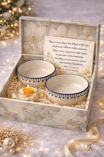 Image of Niyara Stoneware Handmade Ceramic Stylish Premium Serving Bowls /Salad Tray Microwave Dishwasher Safe (Blue Floral Print Bowl Set of 2, with Gift Box & Candle)