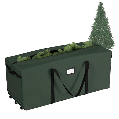 Rolling Christmas Tree Storage Bag - Waterproof Bag for 9-Foot Tree or Christmas Decor - Nylon Handles and 3 Rollerblade Wheels by Elf Stor (Green)