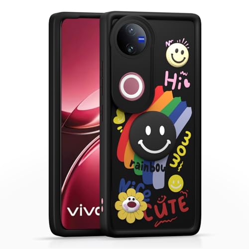 Image of Pikkme Back Cover for Vivo T4R 5G / iQOO Z10R 5G / Vivo V50 5G / V50e 5G | Soft Silicone| Cute Rainbow Smile & 3D Cartoon Flower Design | Shockproof Raised Camera Protection Bumper Case (Black)