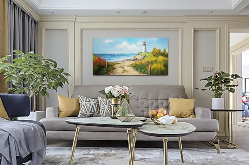 Acocifi Blue Coastal Wall Art Lighthouse Picture Nature Fall Landscape Ocean Beach Seascape Canvas Painting, Textured Artwork Large Framed for Living Room Bedroom Bathroom Office Home Decor 48"x24" - Image 4