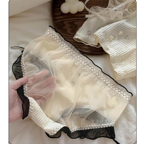 Cute Lace Ruffled Underwear for Teen Girls,Heart-printed Panties,Mid Rise Breathable Cotton Crotch Briefs,3 Pack3