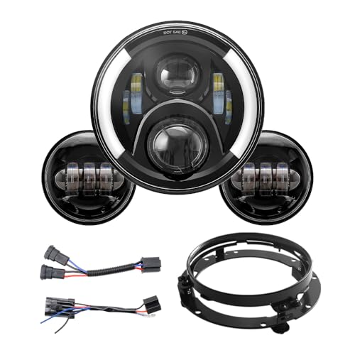 Image of 7 Inch LED Headlight & 4.5 Inch Passing Lights Kit with Switchback Halo DRL, Compatible with Harley Road King Electra Glide Ultra Limited Tri Glide Heritage Softail, DOT Certified