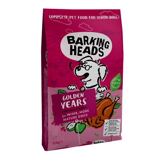 Barking Heads Comida Seca para Perros mayores - Golden Years - Pollo de corral y pescado 100% natural sin aromas artificiales, Niveles de grasas y proteína óptimos para perros mayores, 12 kg Cover