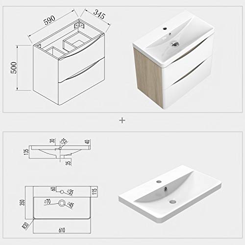 AICA sanitaire Meuble sous Vasque De Salle De Bain Suspendu Blanc et Bois Clair avec Lavabo Espace De Rangement 60cm – vue 2