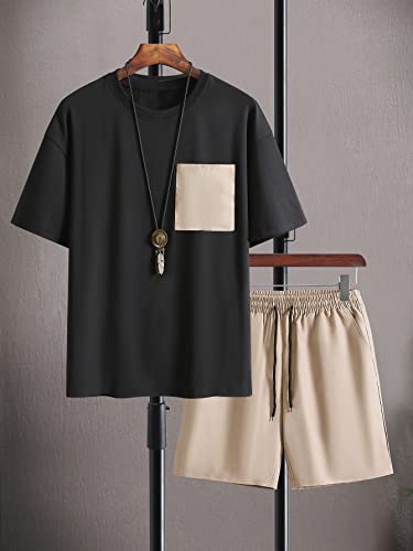 Gorglitter Men's 2Pcs Colorblock Pocket Patched Tracksuit Crewneck Tee Drawstring Waist Track Shorts Set Black And Khaki Large #TOP2