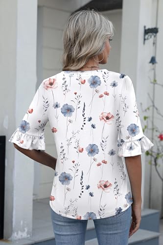 Zeagoo Womens Tops Casual V Neck Shirts Floral Solid Blouse Ruffle Tunics 3/4 Sleeve Tshirt S-XXL3