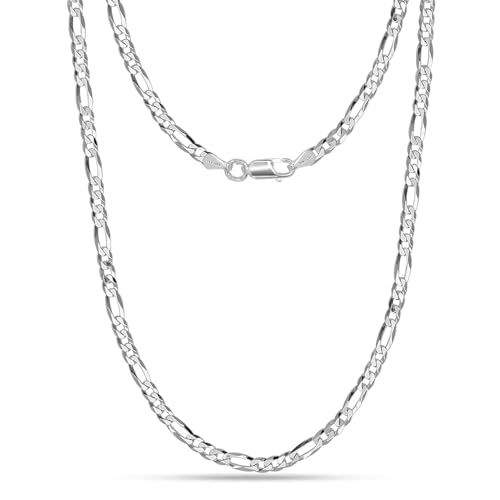 LeCalla Sterling Silver Figaro Chain Necklace | 4mm Italian Diamond-Cut Solid 925 Sterling Silver Figaro Link Chain Necklace for Men Women | Made in Italy