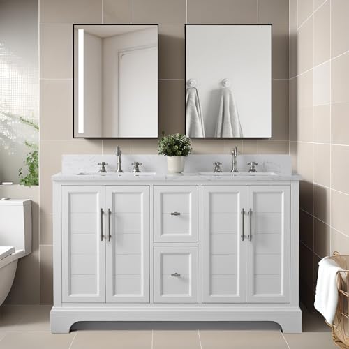 HOMEBEYOND 54 Inch Bathroom Vanity with Double Sink & Ceramic Top, Vanity Cabinet with Center Countertop Basin, Soft-Closing Doors, Backsplash, White