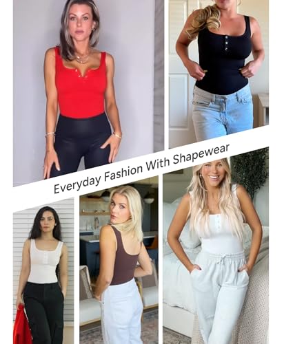 Image of Popilush Bodysuits for Women Tummy Control Body Suits Thong Summer Outfits | Summer Outfit Thong Body Suits for Womens Shapewear Tummy Control Henley Tank Top Bodysuit for Going Out Date Night