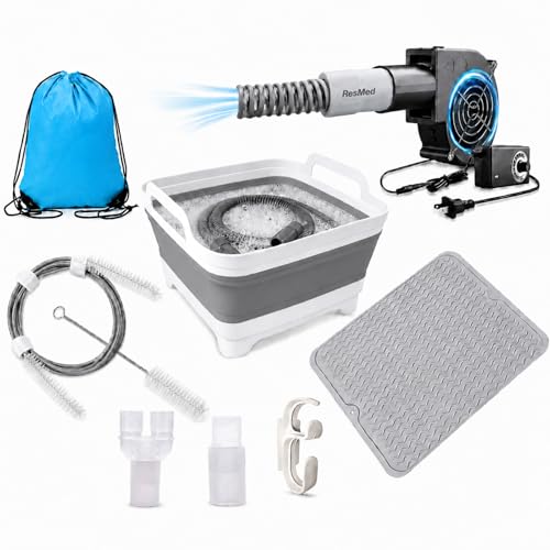 CPAP Cleaning and Drying Kit with Hose Dryer Collapsible Wash Basin Full-Length Hose Brush Thick Silicone Drying Mat Hanging Hook Dries 1 or 2 Hoses 10-Speed Airflow No Heat