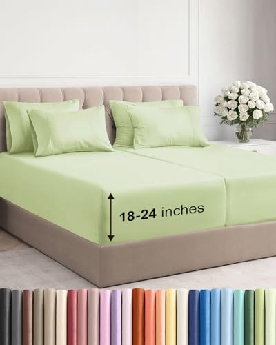 Image of Extra Deep Split King Sheet Set - 7 Piece Cooling Sheets - Light Sage Green | Hotel Luxury Bed Sheets Set, Easy & Secure Fit, Ultra-Soft, Wrinkle & Fade Free, Comfy Sheets Set with Extra Deep Pockets