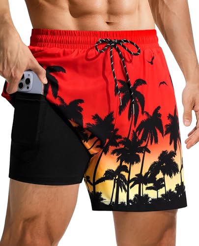 Gleeease Mens Swim Trunks Mens Board Shorts 4 inch with Compression Liner Zipper Pockets Drawstring Quick Dry Stretch Comfort Lined Funny Beach Swimming Pool Surf Sunset Beach-2 Medium