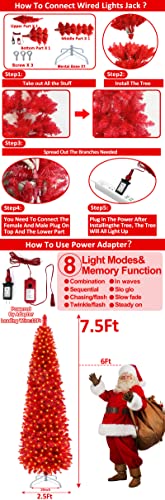 Turnmeon Valentines Day Decor, 7.5 Ft Prelit Pencil Valentine Tree Decoration 1000 Branch Tips 8 Modes 220 Led Warm Lights Plug In Metal Stand Hinged Artificial Slim Tree Home Party Wedding(Red) #TOP1