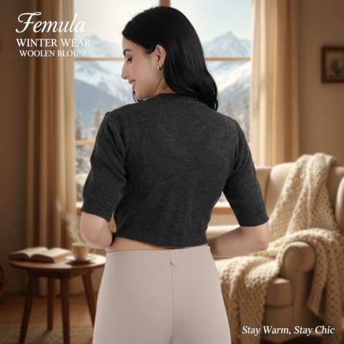 Image of Women Winter Wear V-Neck Half Sleeves Regular Fit Woollen Blouse