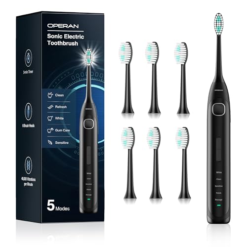 Operan Electric Toothbrush for Adults Sonic Rechargeable Toothbrush with Smart Timer 5 Modes 6 Brush Heads IPX7 Waterproof 40,000 VPM Motor 6 Hours Fa