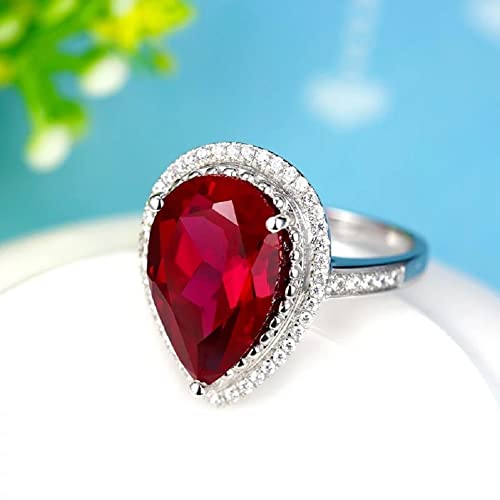 ASFKIPMF Halo Teardrop Pear Shape Simulated Cubic Zirconia Bridal Ring Ruby Garnet Ring 925 Sterling Silver AAA Zircon Red Gem pear Shaped Rhodium Plated Promise Ring for Her Valentine's Day Size 84