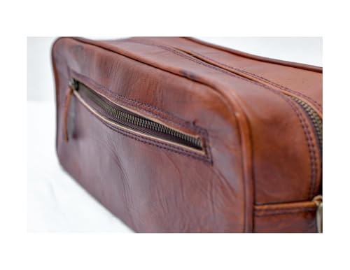 Emporio Handicraft Vintage Brown Leather Toiletry Bag – Brown Distressed Leather Kit with Dual Zipper Compartments – Handmade Travel Shaving Bag & Makeup Organizer for Men & Women - Image 2