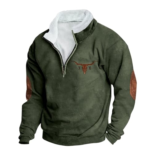Herren-Sweatshirt mit halbem Reißverschluss, Fleecefutter, Vintage-/Western-Druck, langärmelig, Pullover, Reißverschluss, Kragen, warmer Winterpullover, lässiger Herrenpullover, AG, M