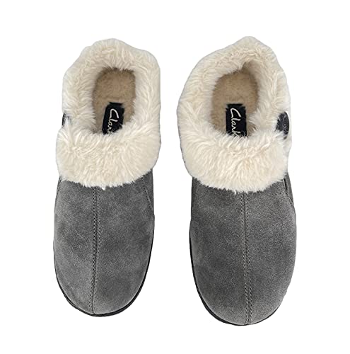 Clarks Womens Suede Leather Slipper with Gore and Bungee JMH2213 - Warm Plush Faux Fur Lining - Indoor Outdoor House Slippers For Women (6 M US, Grey)3