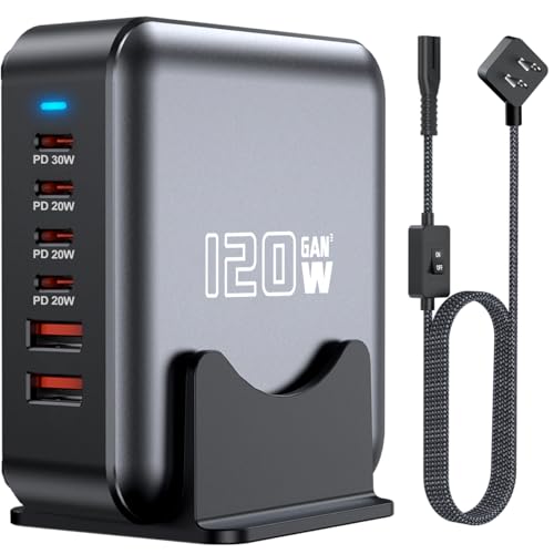 USB C Fast Charger Block, 120W 6-Port Charging Station Hub Adapter, USB C Wall Multi Charger Power Strip Plug with On/Off Switch for iPad iPhone 17 16 15 14 13 12 Pro Max Galaxy S23 (Black)