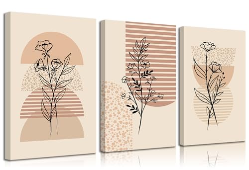 3pcs Modern Boho Plant Canvas Wall Art Neutral Geometric Line