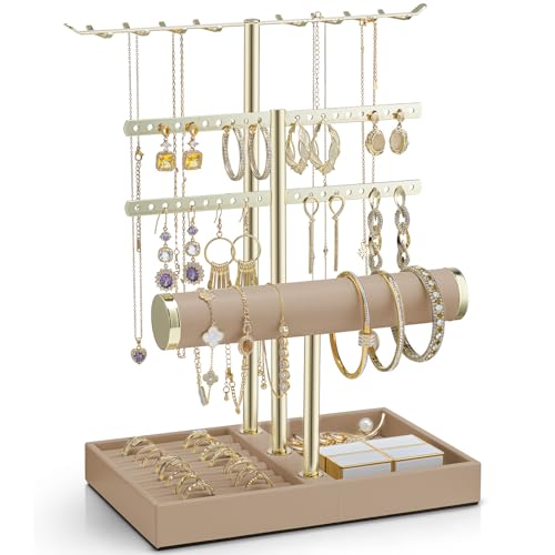 VLANDO 3 Tier Jewelry Stand Organizer with Tary, Leather Jewelry Holder Display for Women, Gold Jewlery Holder Display for Necklace, Earring, Bracelet, Rings - Toffee