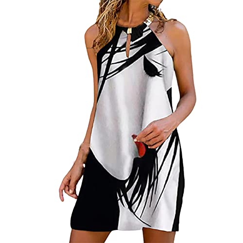 MIANHT Summer Dresses for Women 2021,Floral Printed Metal Halter Neck Sleeveless Mini Dress Cut-Out Loose Casual Beach Dress White