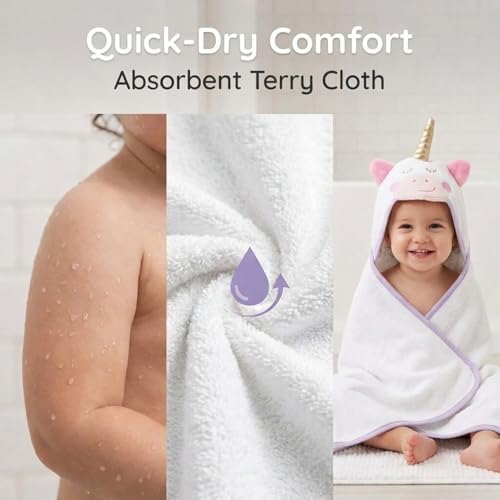 Image of EVERYDAY KIDS Hooded Baby Toddler Bath Towel for Girls - 3D White Unicorn Towel with Horn; Soft and Absorbent Terry Cloth Hooded Towel for Young Kids; Baby Girl Bath Essential