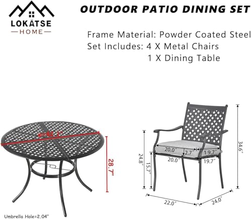 Image of LOKATSE Home 5 Piece Outdoor Patio Metal Dining 4 Iron Arm Chairs with Seat Cushions and 1 Table with Umbrella Hole, Grey-Set