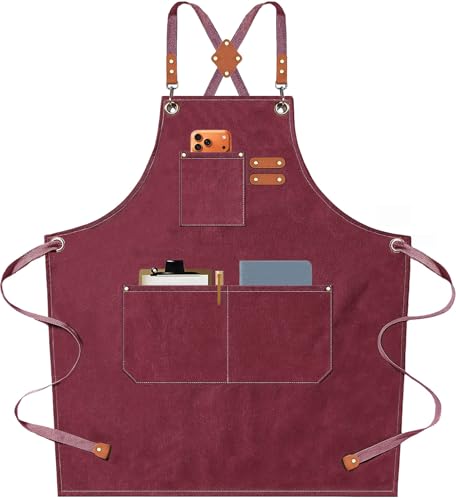 AFUN Chef Aprons for Men Women with Oversized Pockets 16-Ounce Cotton Canvas Cross Back Heavy Duty Work Apron (Dark Red)