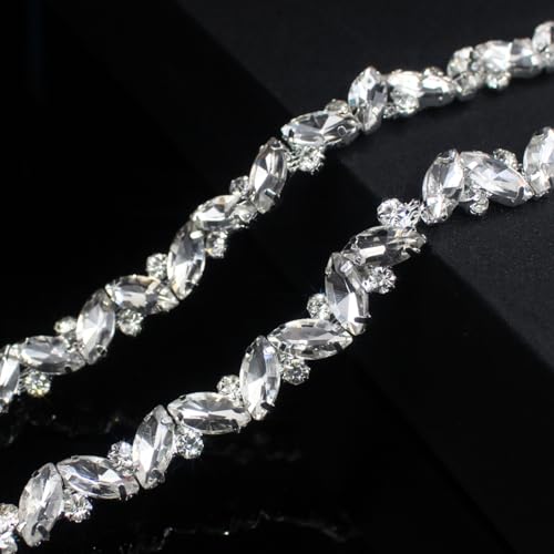 1 Yard Rhinestone Trim Chain Silver String Crystal Applique Fringe Ribbon Strips Beads Sewing Dress DIY Party Wedding Bouquet for Decoration Bridal Costume Embellishment