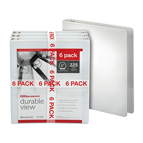 Office Depot® Brand Durable Round-Ring View Binders, 1" Rings, White, Pack Of 6 Binders #TOP5