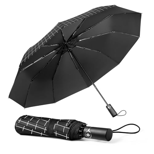 TechRise Umbrella Compact Windproof Travel Umbrellas: Easy Auto Open Close, Strong Fiberglass Frame, Durable Folding Lightweight Portable Automatic Backpack Umbrella for Men and Women, 10 Ribs option